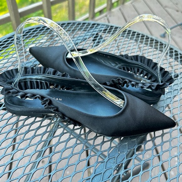 Good American Show Off Slingback Black Satin Ruffle Pointed Toe Flats - Picture 4 of 9